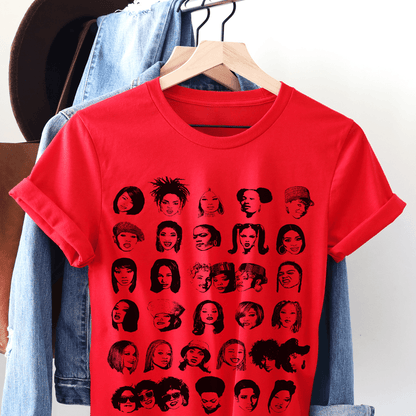 Adult unisex tee featuring the faces of female rappers from the past and today in a grid style pattern.
