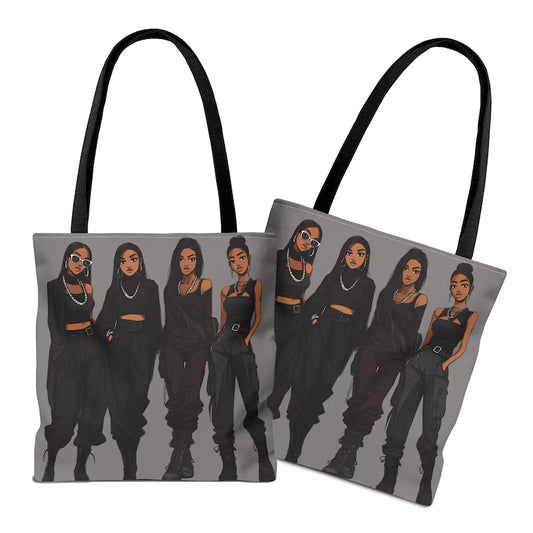 Tote bag features four Black women embodying an "all black everything" vibe, blending classic goth sensibilities with modern alternative edge.