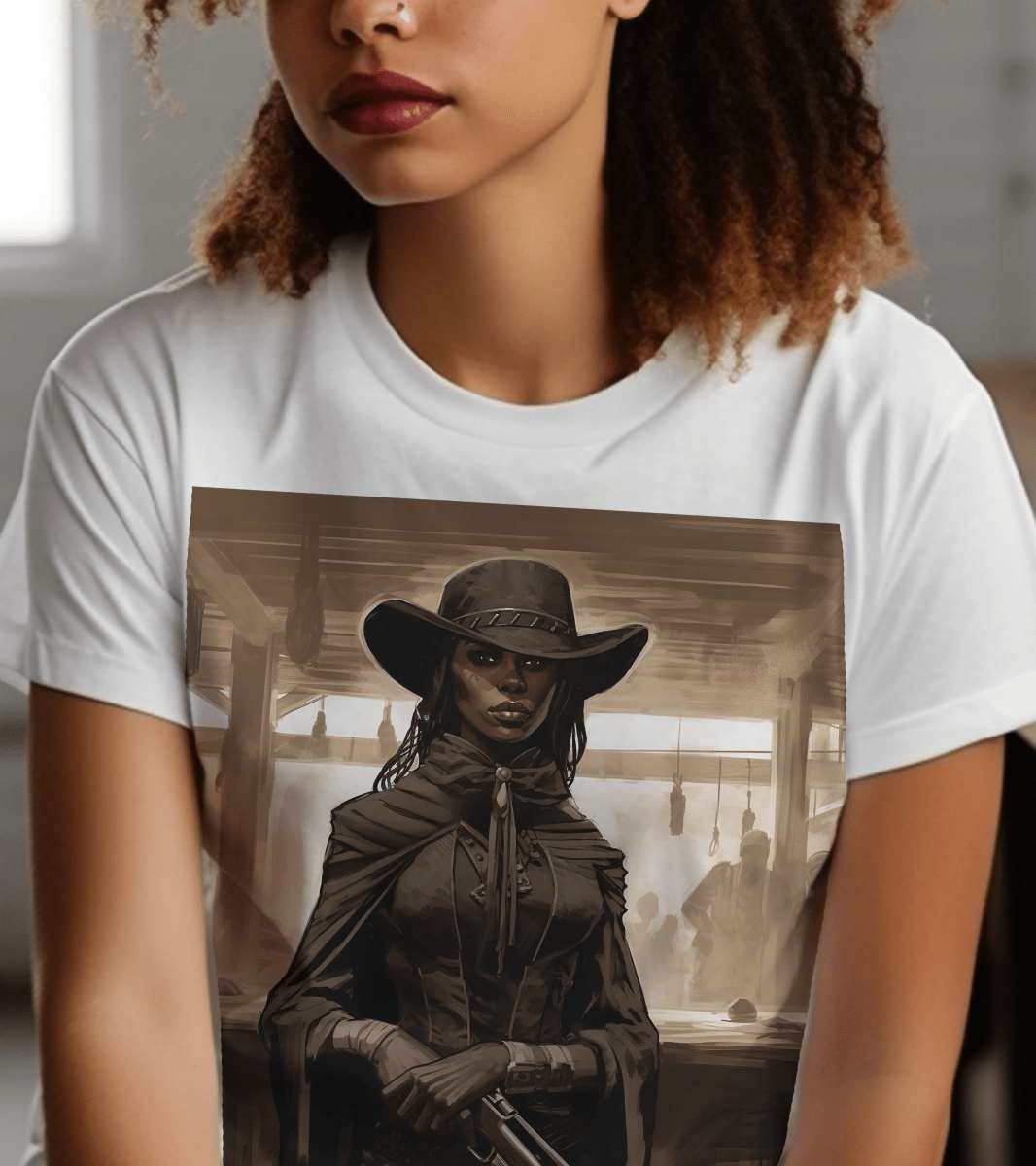 Lady Gunslinger Shirt - Afrocentric Art by The Trini Gee