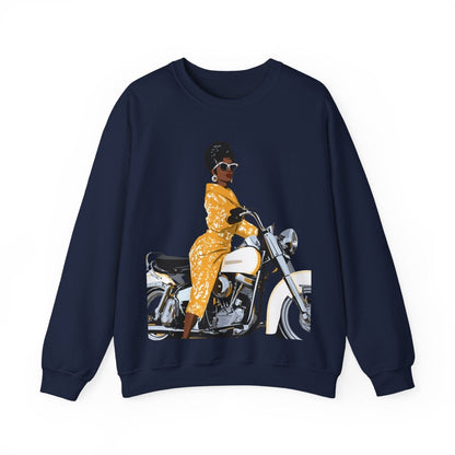 Lady on Motorcycle Sweatshirt - Afrocentric Art by The Trini Gee
