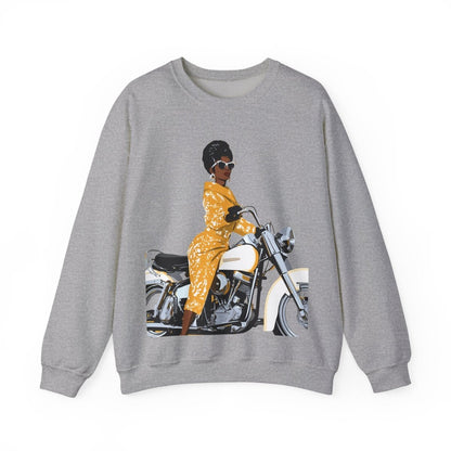 Lady on Motorcycle Sweatshirt - Afrocentric Art by The Trini Gee