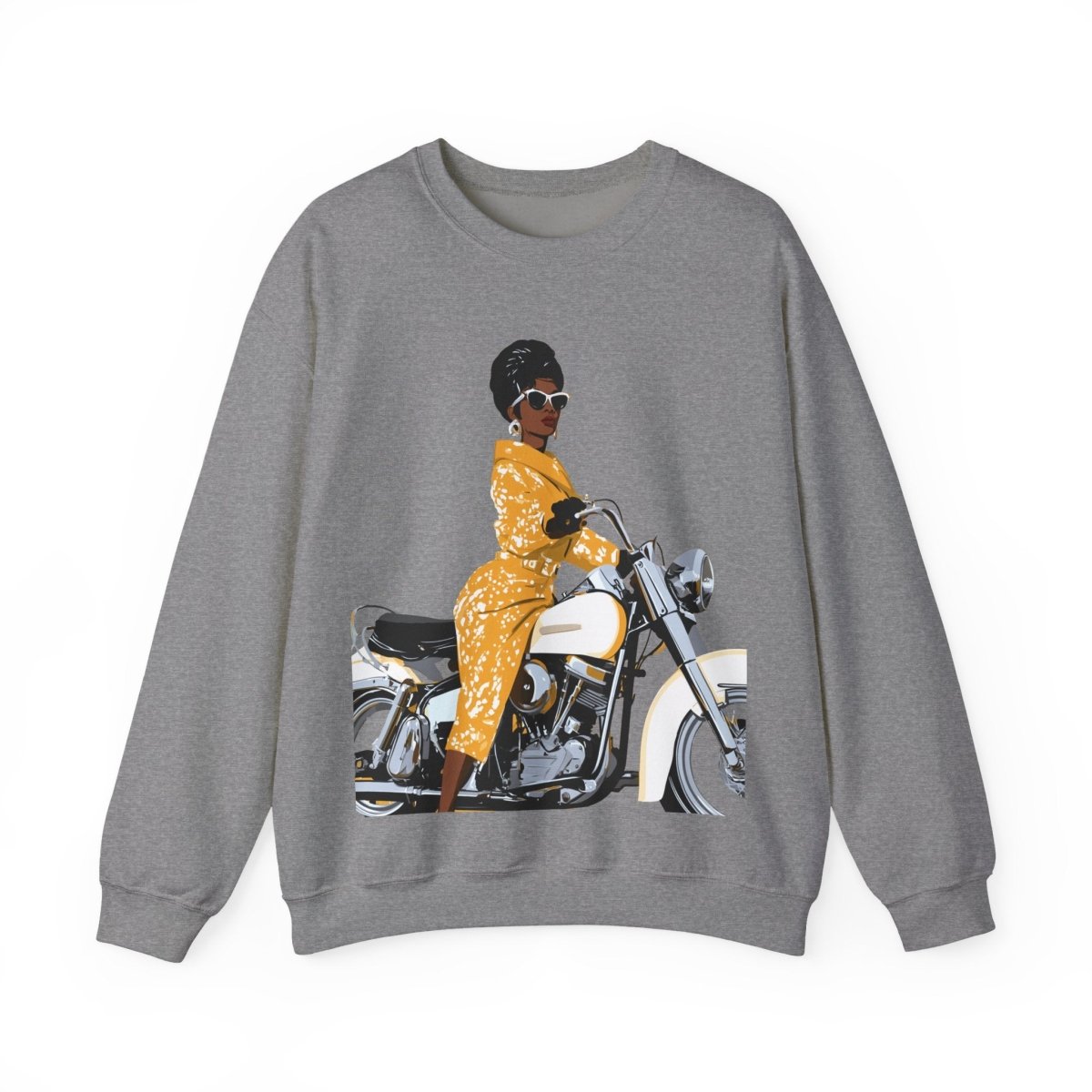Lady on Motorcycle Sweatshirt - Afrocentric Art by The Trini Gee