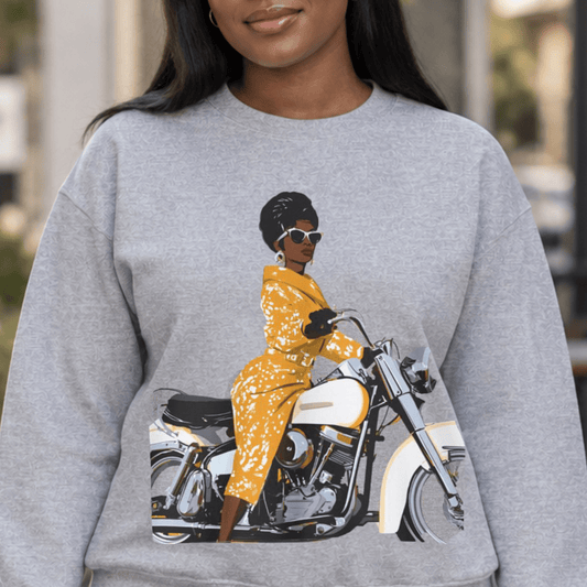 Lady on Motorcycle Sweatshirt - Afrocentric Art by The Trini Gee