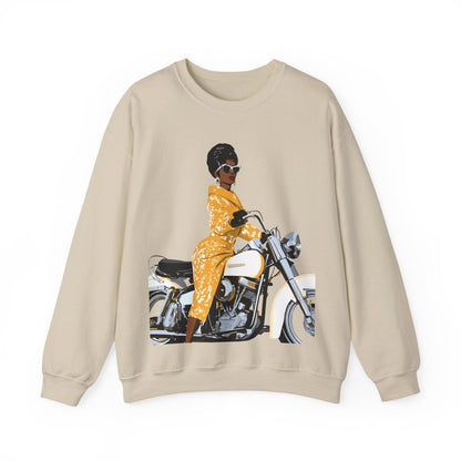 Lady on Motorcycle Sweatshirt - Afrocentric Art by The Trini Gee