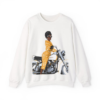 Lady on Motorcycle Sweatshirt - Afrocentric Art by The Trini Gee