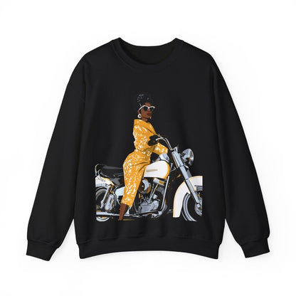 Lady on Motorcycle Sweatshirt - Afrocentric Art by The Trini Gee