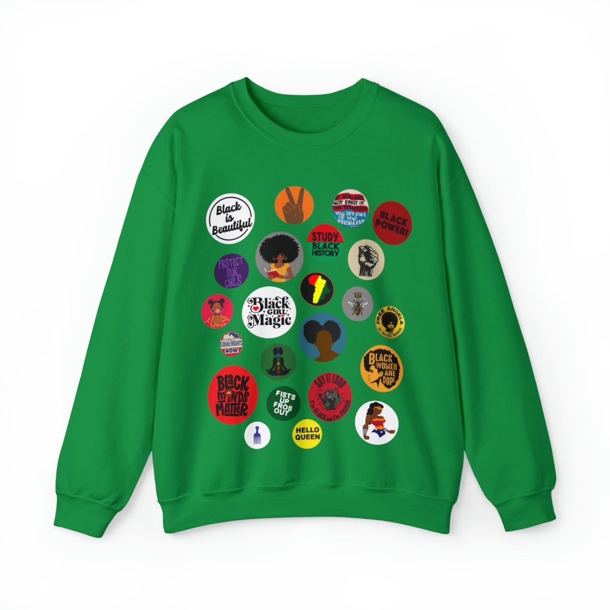 Sweatshirt with button-style designs celebrating Black culture, featuring phrases, symbols, and illustrations in a grid.