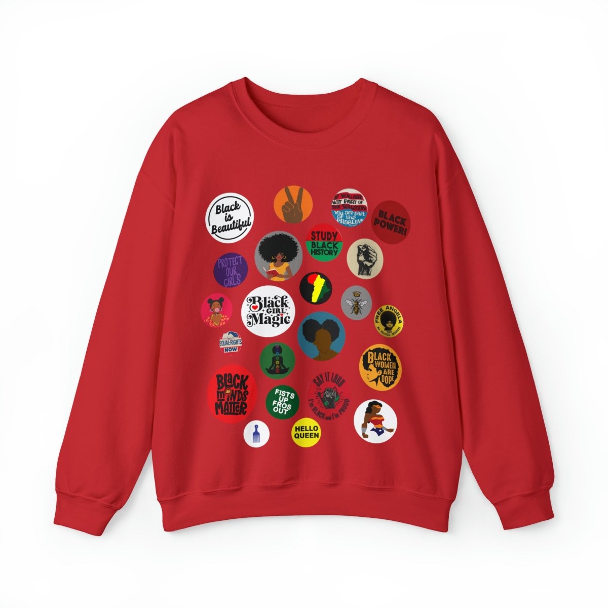 Sweatshirt with button-style designs celebrating Black culture, featuring phrases, symbols, and illustrations in a grid.