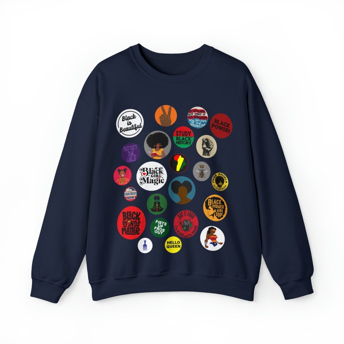 Sweatshirt with button-style designs celebrating Black culture, featuring phrases, symbols, and illustrations in a grid.