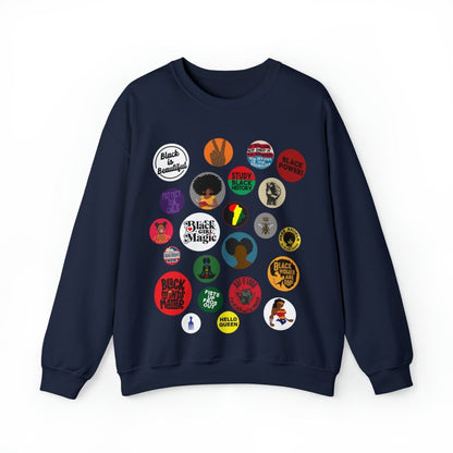 Sweatshirt with button-style designs celebrating Black culture, featuring phrases, symbols, and illustrations in a grid.