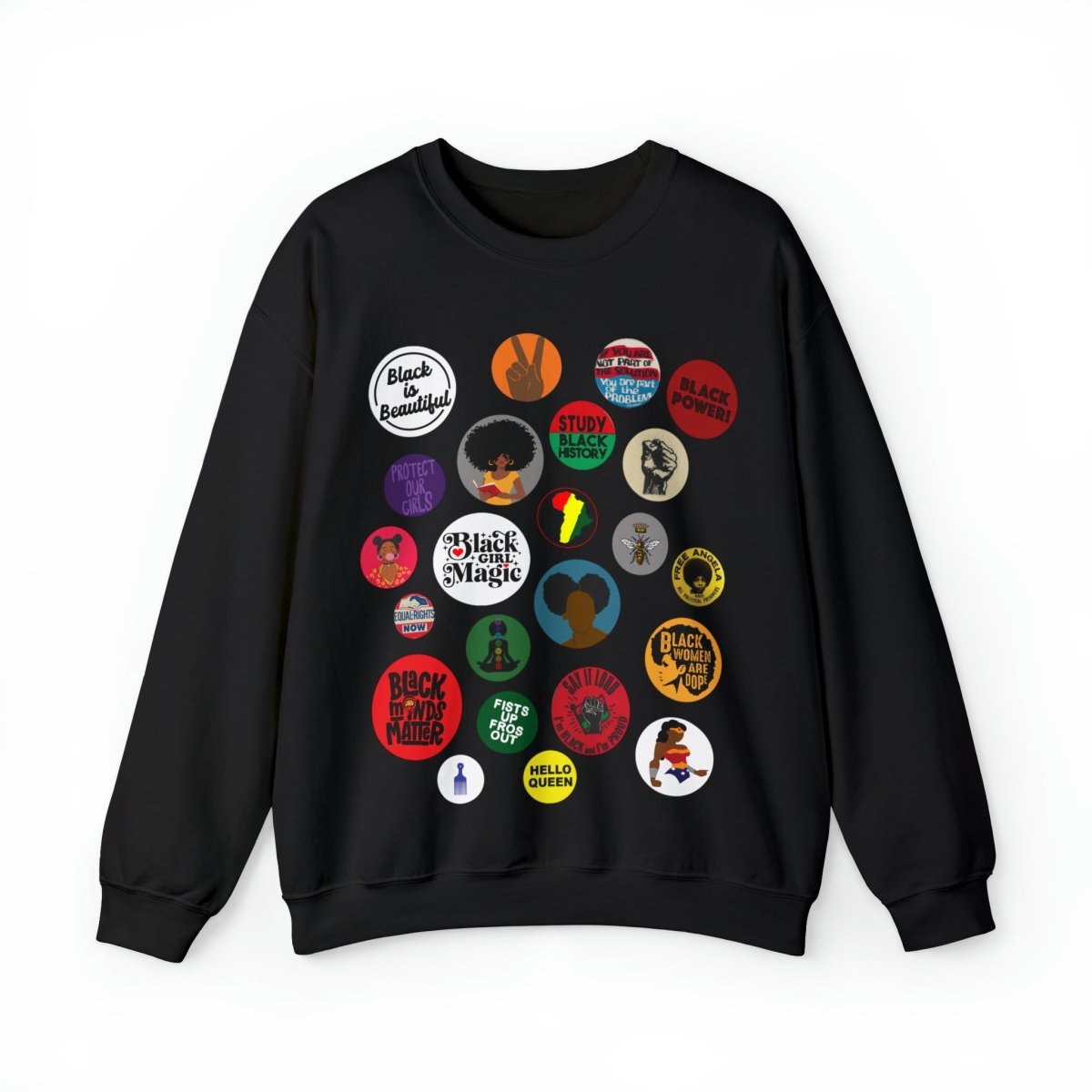 Sweatshirt with button-style designs celebrating Black culture, featuring phrases, symbols, and illustrations in a grid.