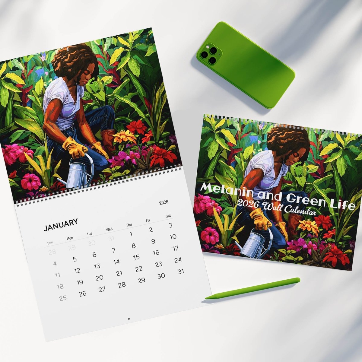Melanin and Green Life 2026 Wall Calendar - Afrocentric Art by The Trini Gee