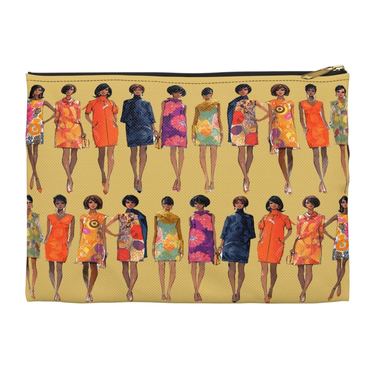 Accessory pouch featuring sketches of Black women wearing 60s mod fashion