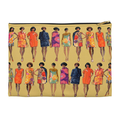 Accessory pouch featuring sketches of Black women wearing 60s mod fashion