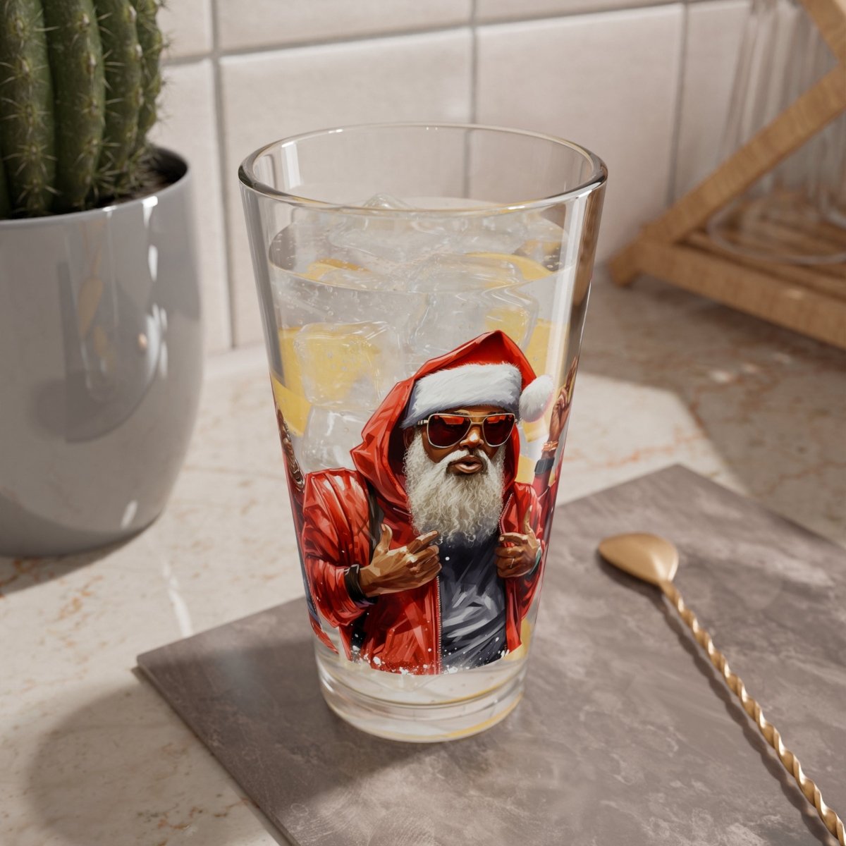 Modern Santa 16oz Glass - Afrocentric Art by The Trini Gee
