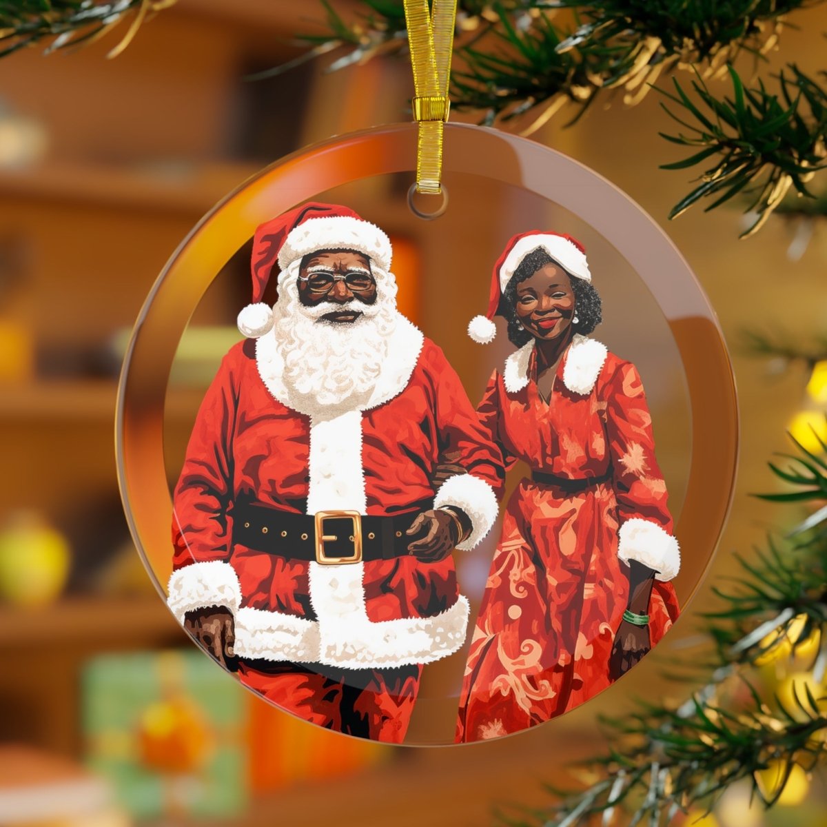 Mr and Mrs Claus Glass Ornament - Afrocentric Art by The Trini Gee