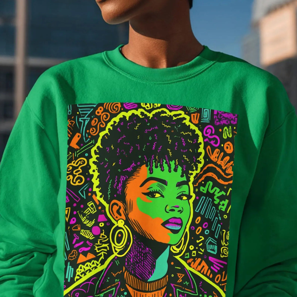 Neon Graffiti Afro Sweatshirt - Afrocentric Art by The Trini Gee