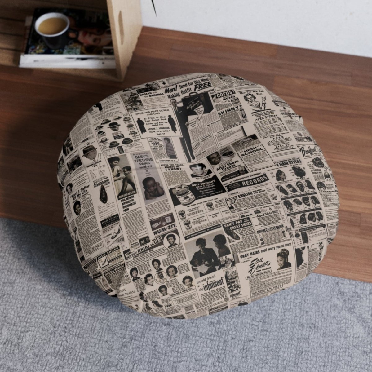 Newspaper Ad Floor Pillow - Afrocentric Art by The Trini Gee