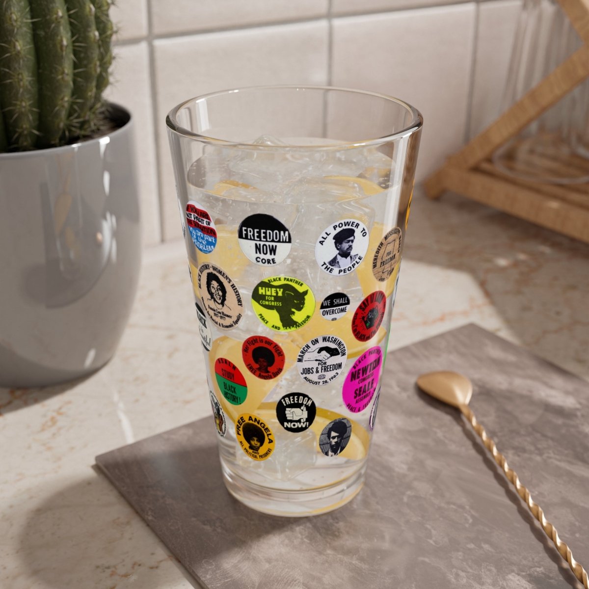 Panther Buttons 16oz Glass - Afrocentric Art by The Trini Gee