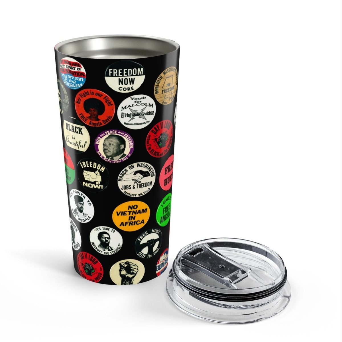 20oz travel mug featuring icons, catchphrases, and symbols from the Civil Rights Movement and Black Panther Party.