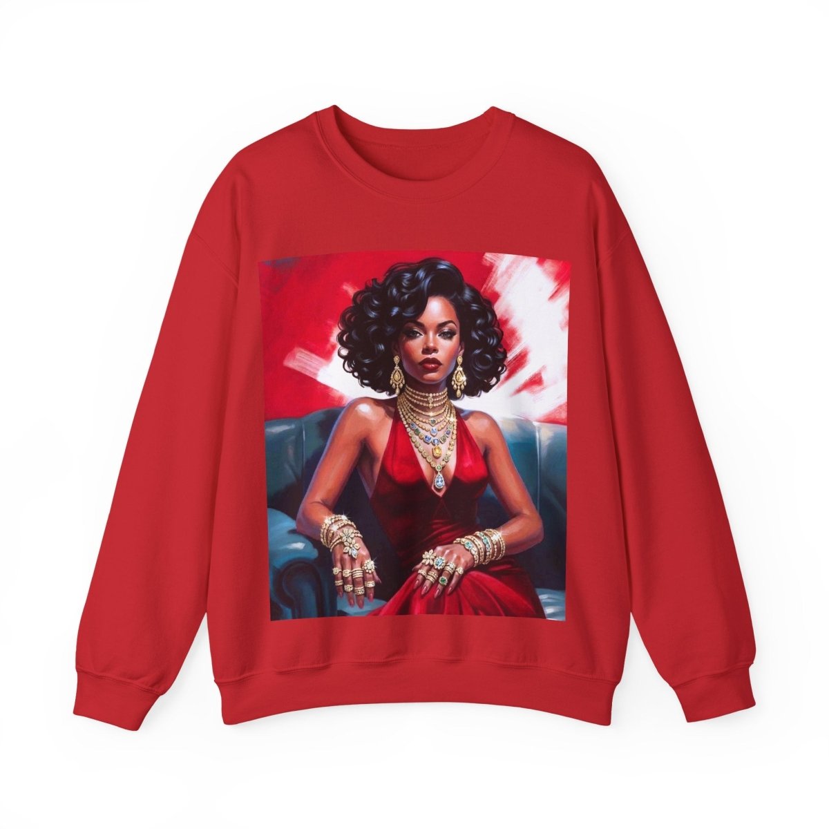 Red Dress Gold Jewels Sweatshirt - Afrocentric Art by The Trini Gee