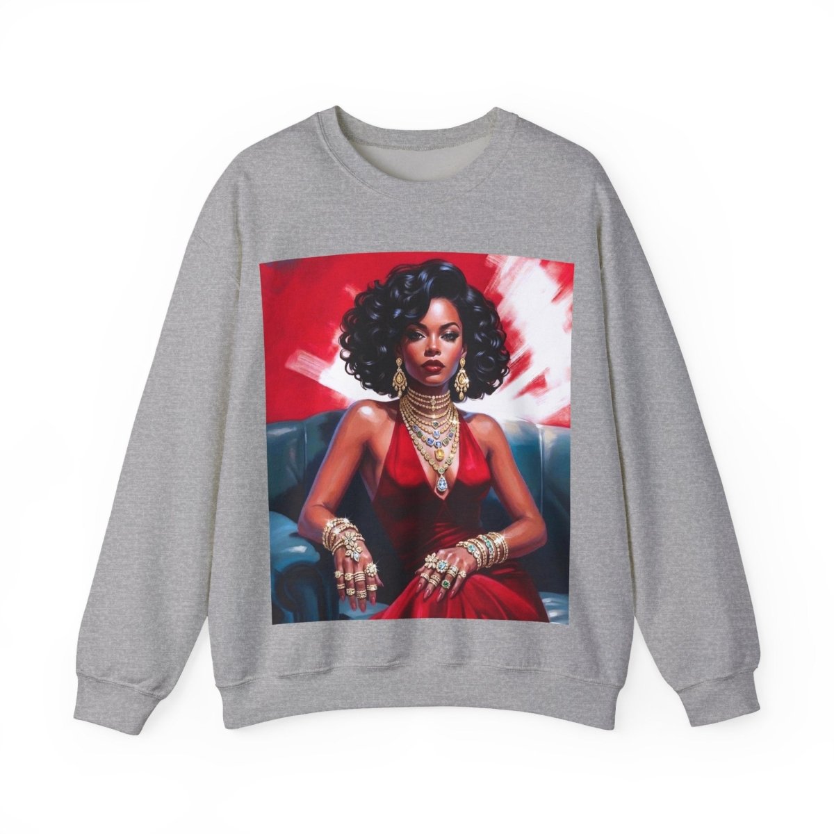 Red Dress Gold Jewels Sweatshirt - Afrocentric Art by The Trini Gee