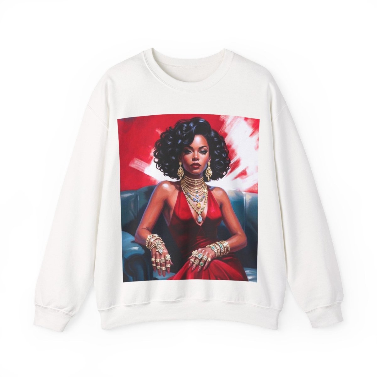 Red Dress Gold Jewels Sweatshirt - Afrocentric Art by The Trini Gee