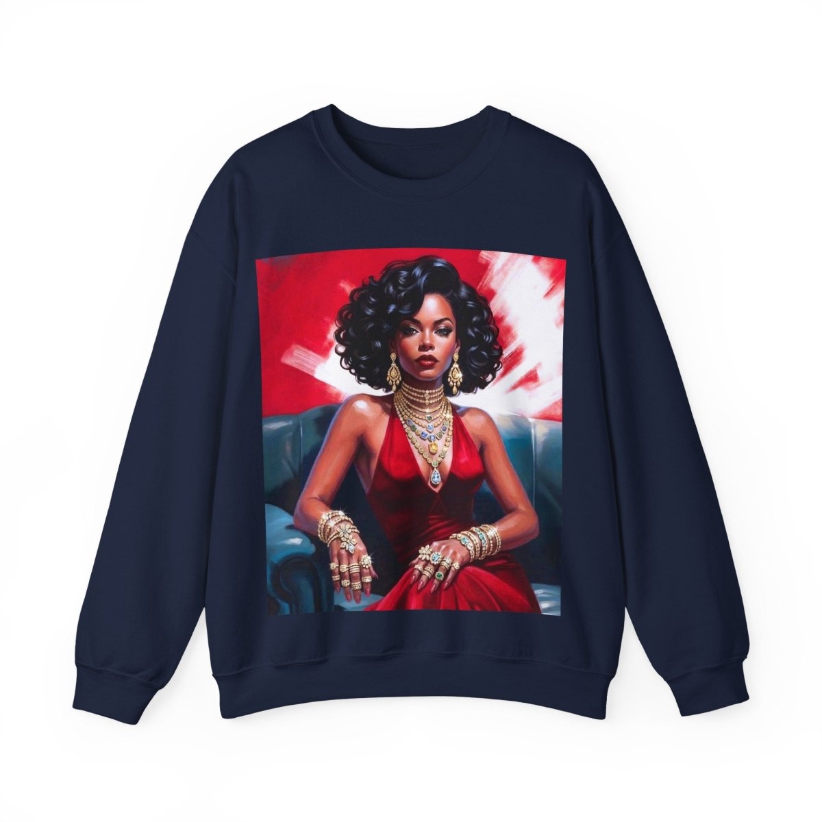 Red Dress Gold Jewels Sweatshirt - Afrocentric Art by The Trini Gee