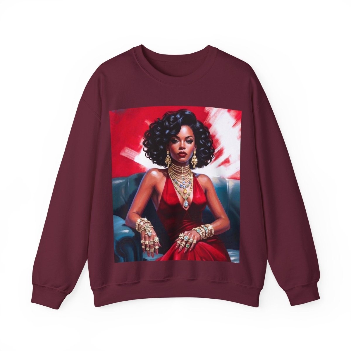 Red Dress Gold Jewels Sweatshirt - Afrocentric Art by The Trini Gee