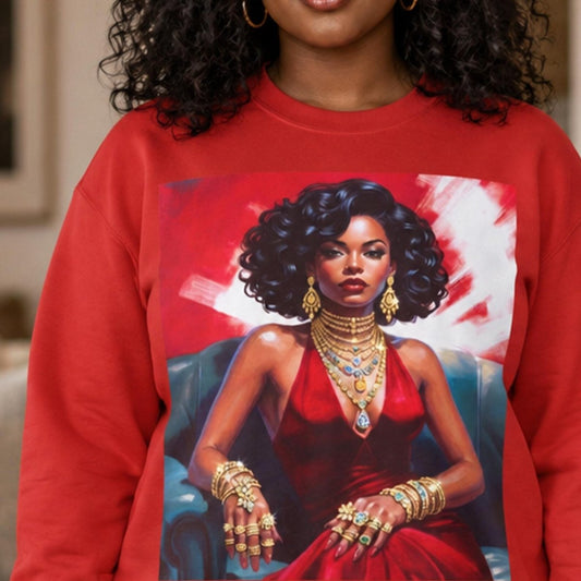 Red Dress Gold Jewels Sweatshirt - Afrocentric Art by The Trini Gee