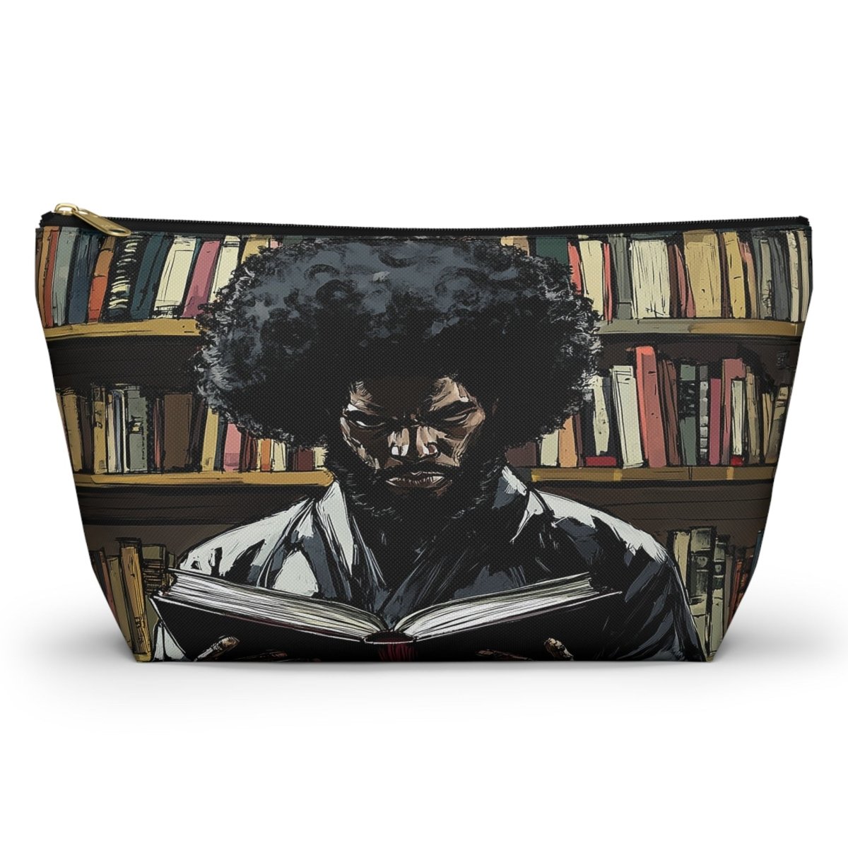 T-bottom accessory pouch features an illustration of a one-eyed Black samurai warrior reading a book