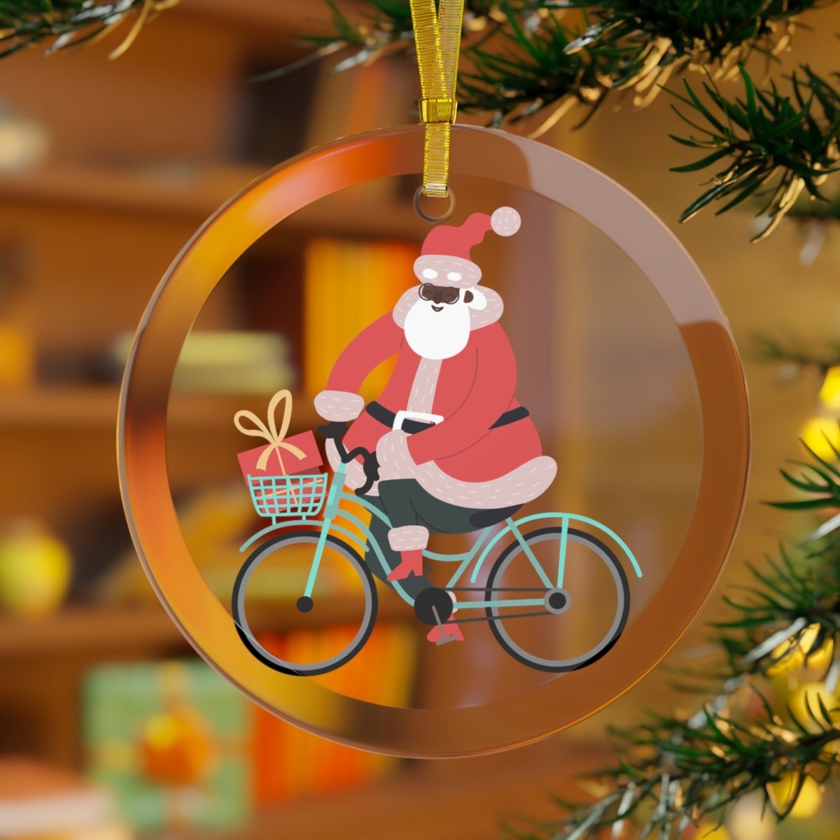 Santa Bike Glass Ornament - Afrocentric Art by The Trini Gee