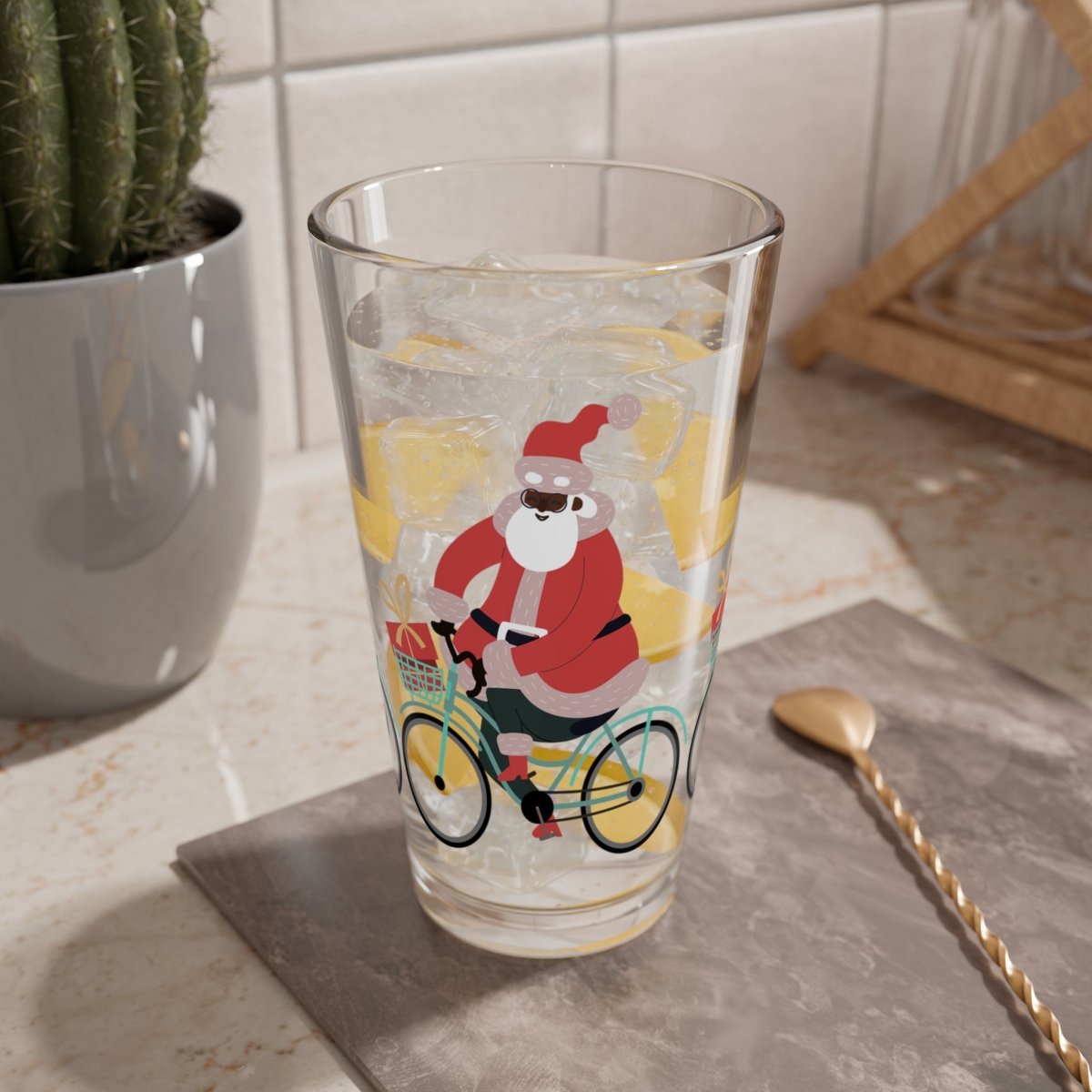 Santa on Bike 16oz Glass - The Trini Gee