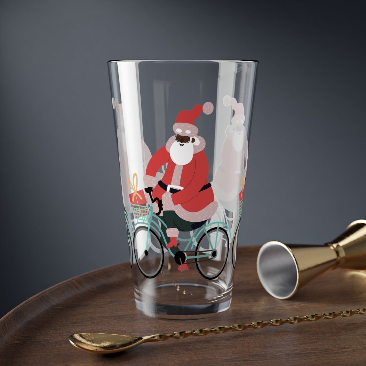 Santa on Bike 16oz Glass - The Trini Gee
