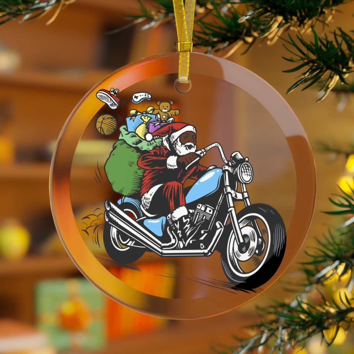 Santa on Motorcycle Glass Ornament - The Trini Gee