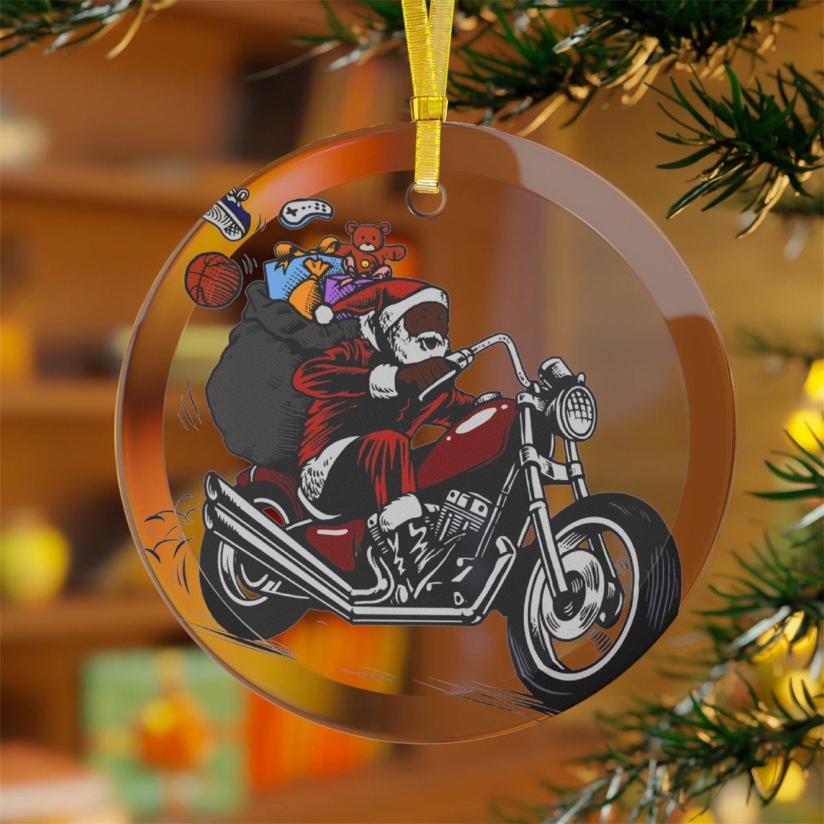 Santa on Motorcycle Glass Ornament - Afrocentric Art by The Trini Gee