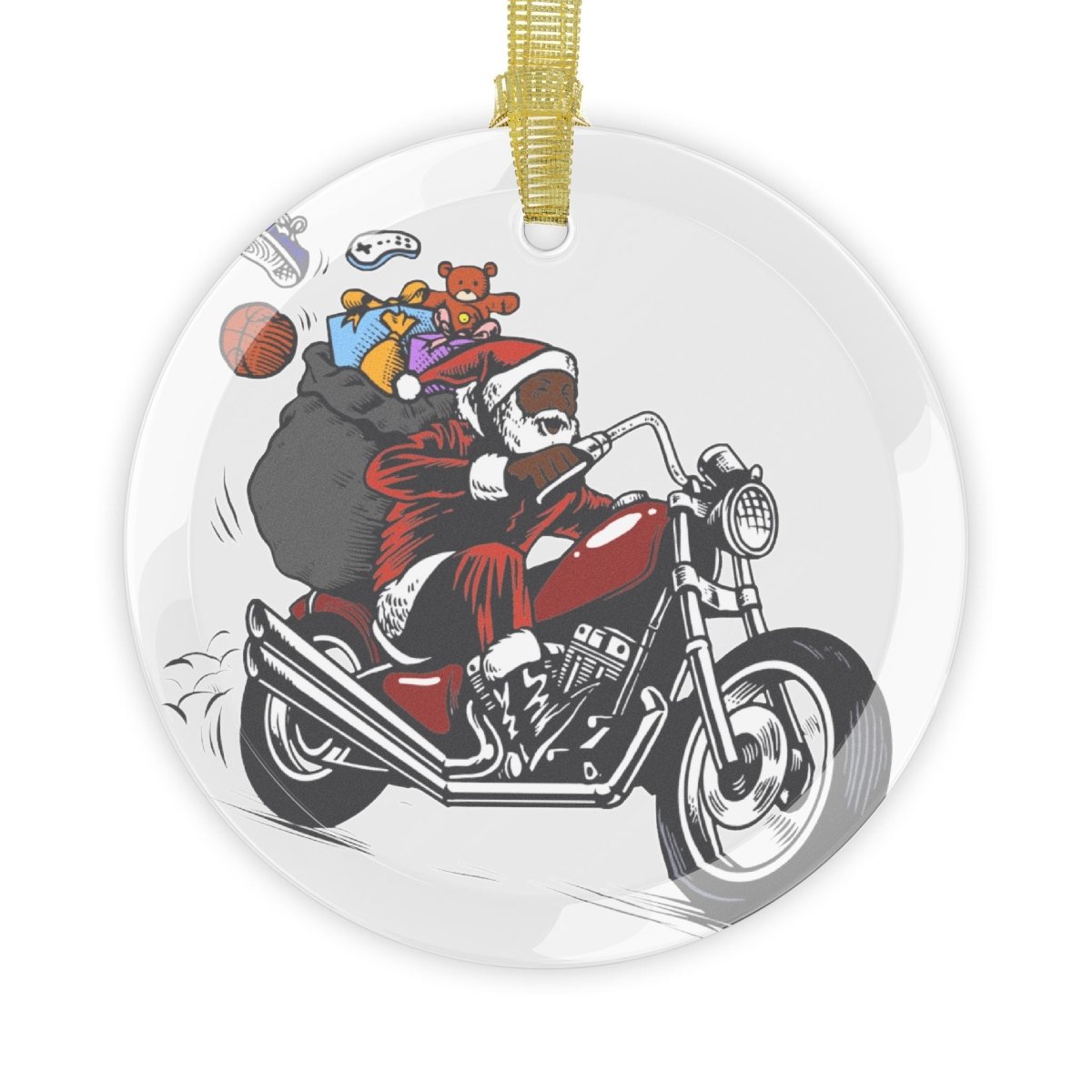 Santa on Motorcycle Glass Ornament - Afrocentric Art by The Trini Gee