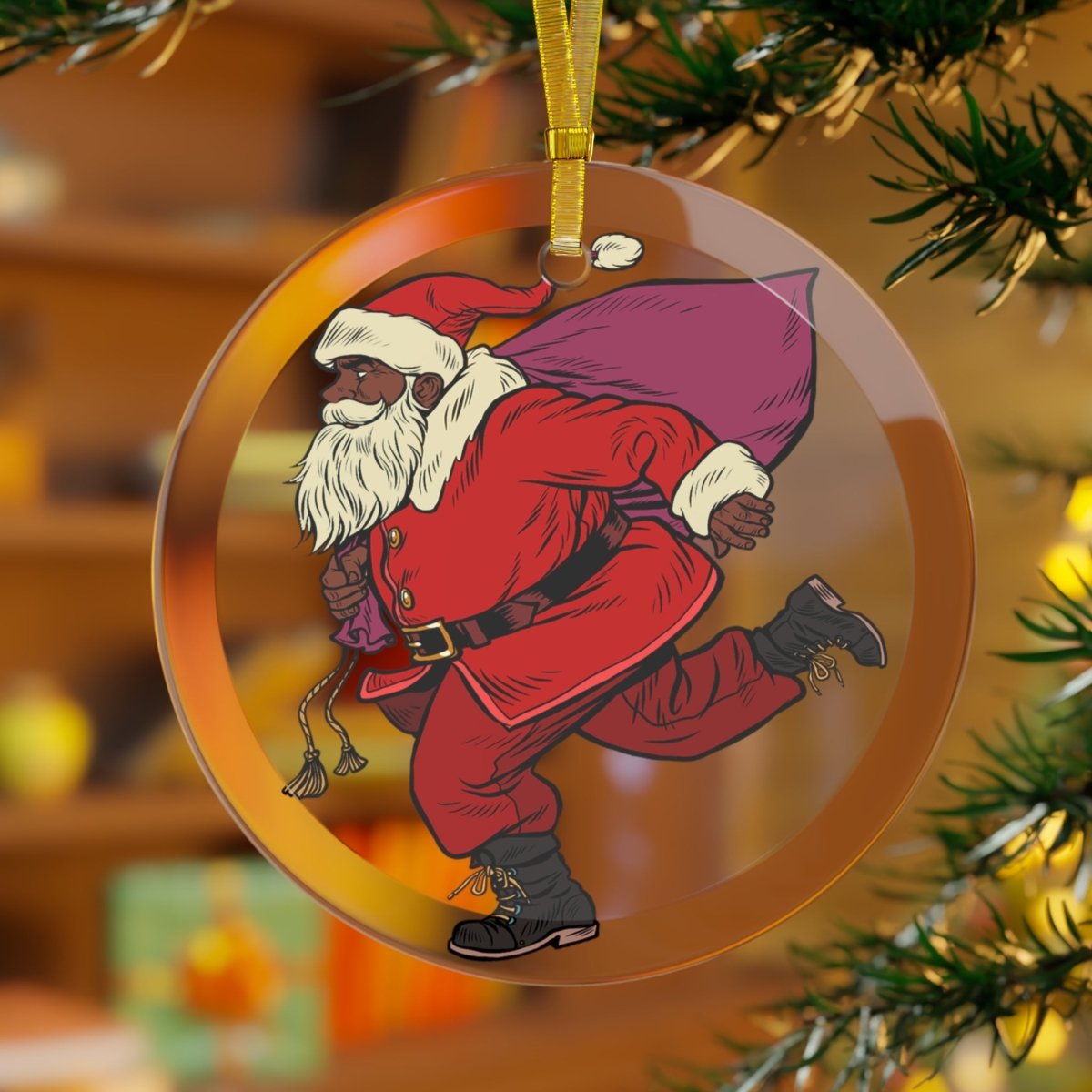 Santa Run Glass Ornament - Afrocentric Art by The Trini Gee