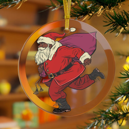 Santa Run Glass Ornament - Afrocentric Art by The Trini Gee