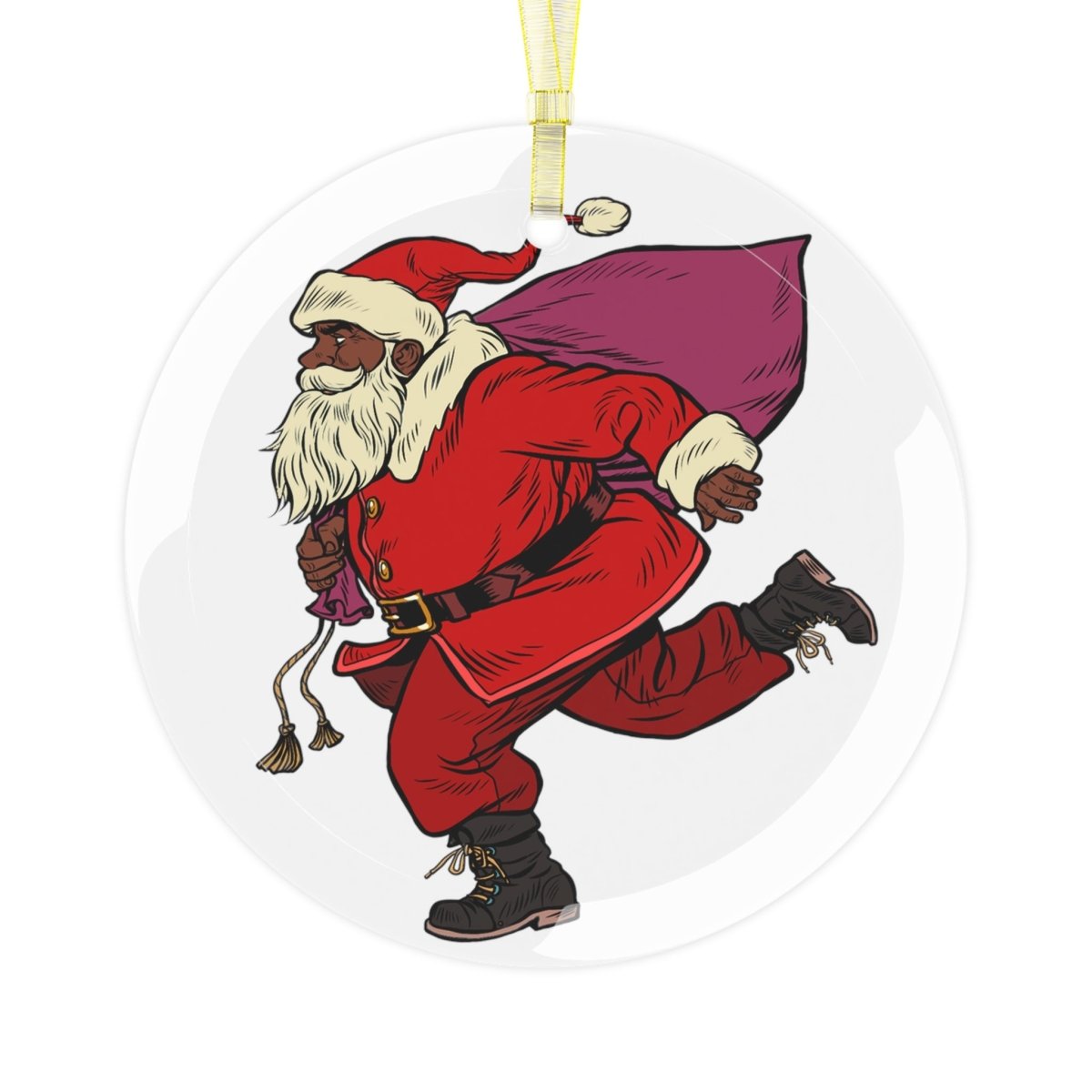 Santa Run Glass Ornament - Afrocentric Art by The Trini Gee