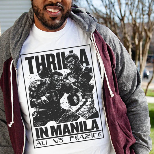 Man wearing a Thrilla in Manila Ali vs Frazier boxing shirt in white