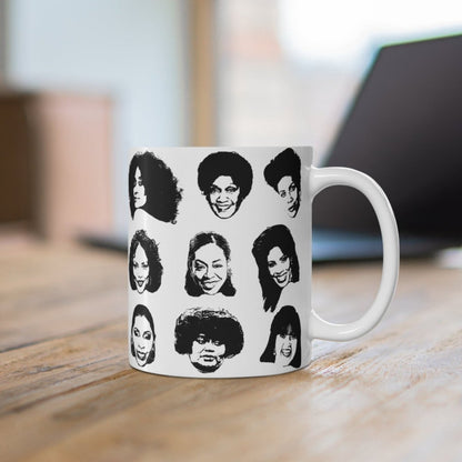 Customizable mug featuring the faces of famous Black TV moms.