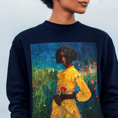Woman in Flower Field Sweatshirt - Afrocentric Art by The Trini Gee