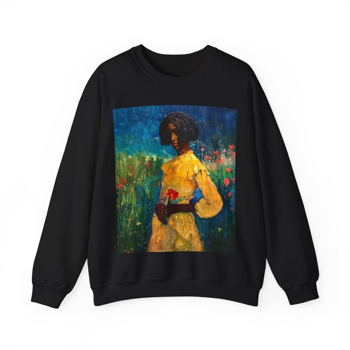 Woman in Flower Field Sweatshirt - Afrocentric Art by The Trini Gee