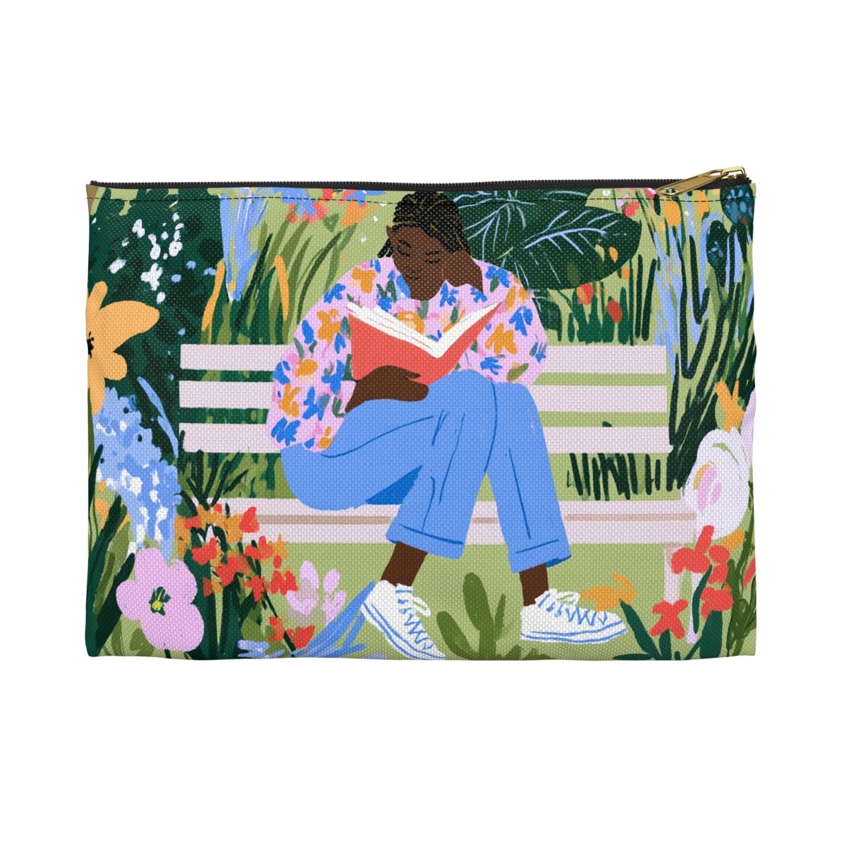 Woman Reading on Bench Accessory Pouch - Afrocentric Art by The Trini Gee