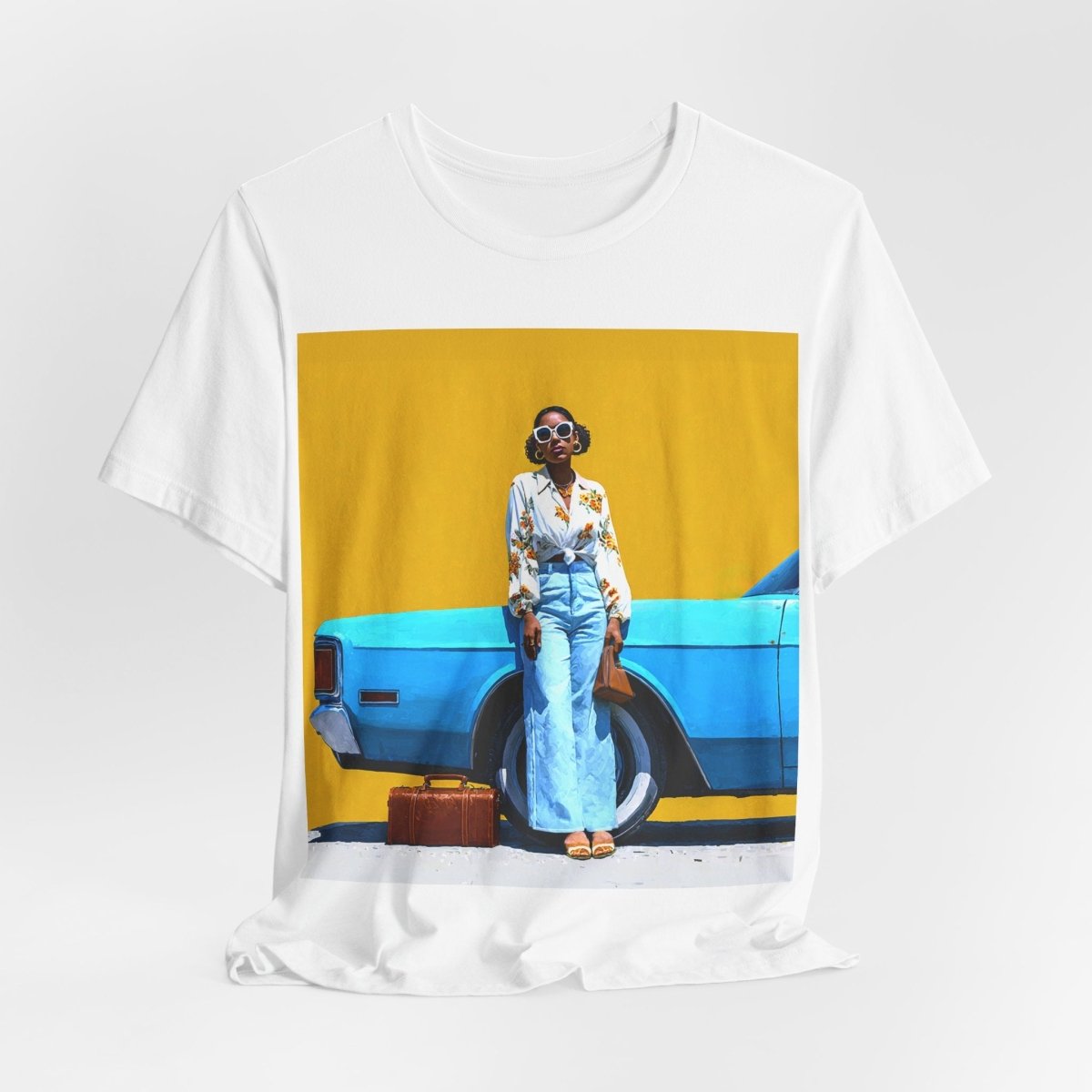 Woman with Blue Car T-Shirt - Afrocentric Art by The Trini Gee