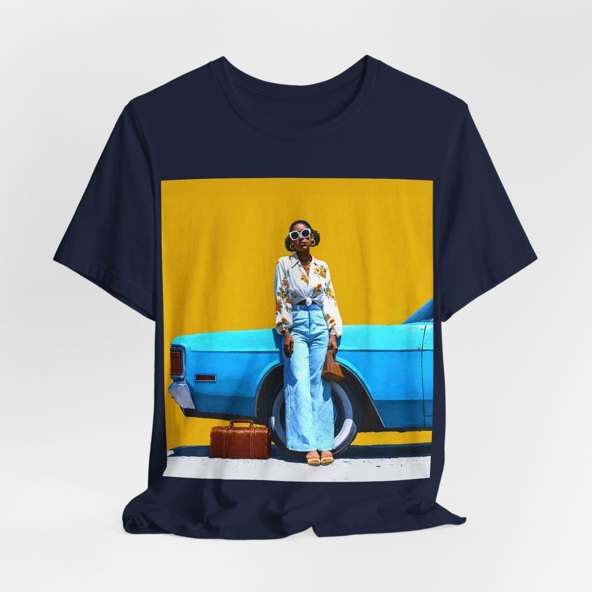 Woman with Blue Car T-Shirt - Afrocentric Art by The Trini Gee
