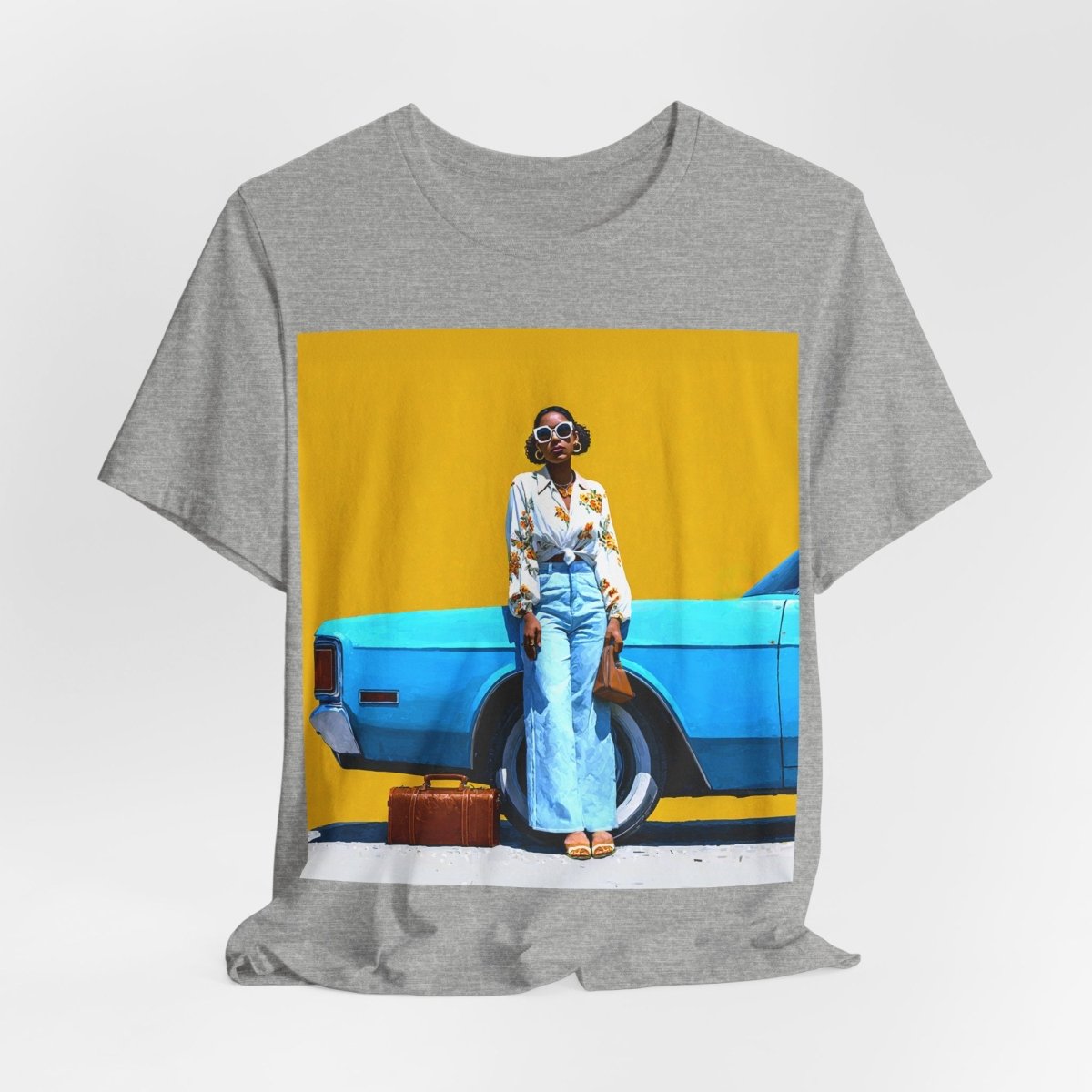 Woman with Blue Car T-Shirt - Afrocentric Art by The Trini Gee