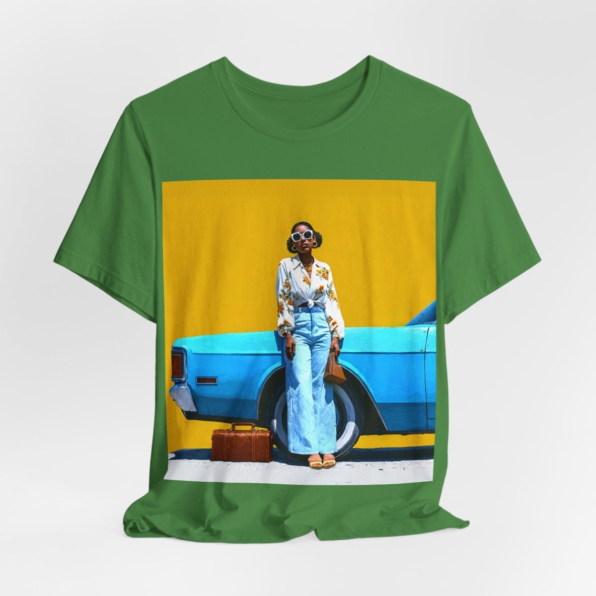 Woman with Blue Car T-Shirt - Afrocentric Art by The Trini Gee