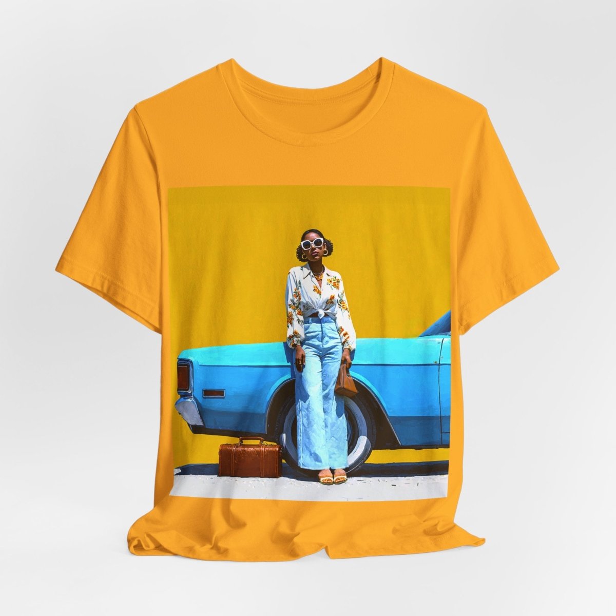 Woman with Blue Car T-Shirt - Afrocentric Art by The Trini Gee